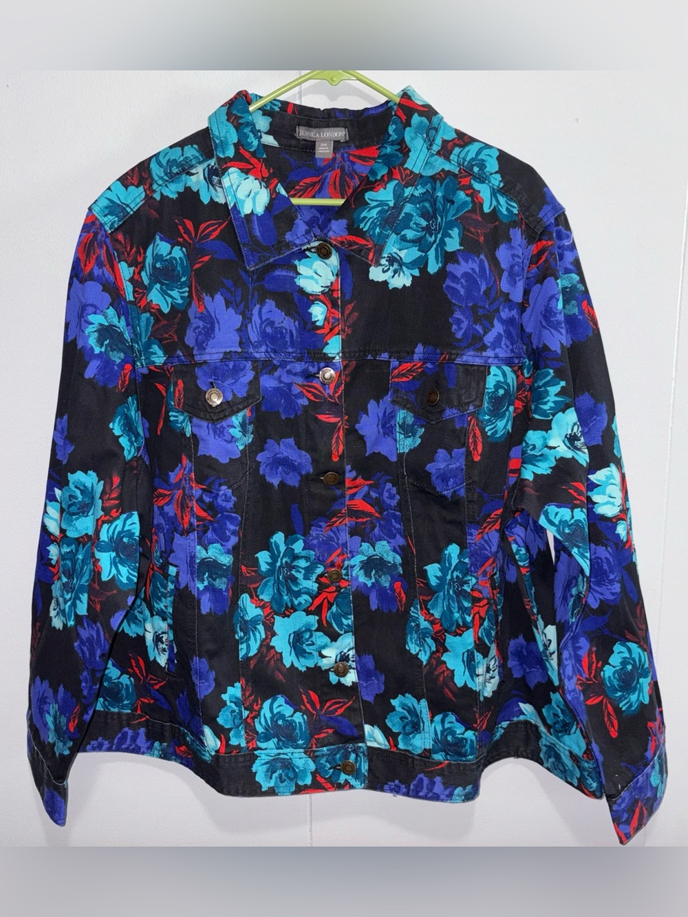 Jessica London Floral Denim Jacket 28W Plus Size Black Blue Red